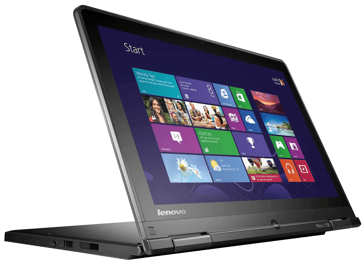  A black Lenovo Yoga 2024 series laptop is open and displaying the Windows 8.1 start screen with various apps.